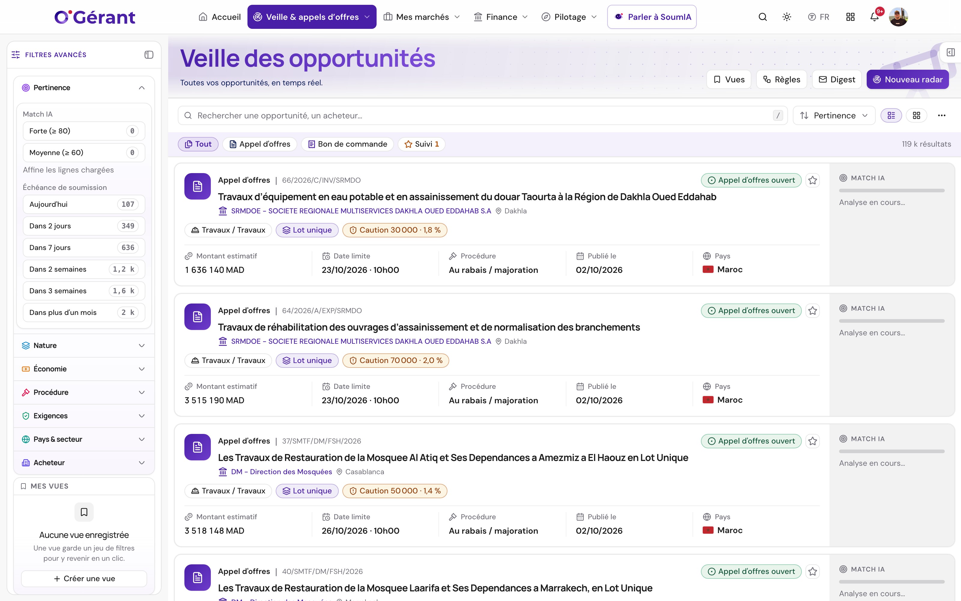 Cockpit Ogerant : veille des appels d’offres et analyses en cours